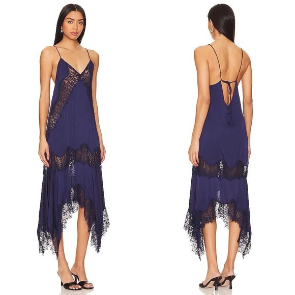 Free People Navy Blue Lace-Trim Maxi Dress - Picture 2 of 7